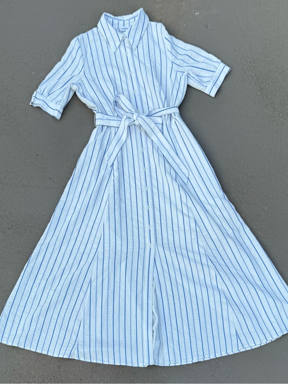 Calvin Klein Blue White Striped Seersucker Belted Midi Shirt Dress size 8